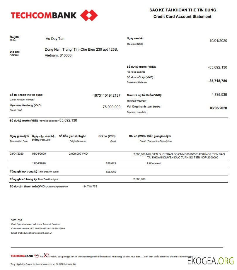 Déclaration de la Techcombank du Vietnam